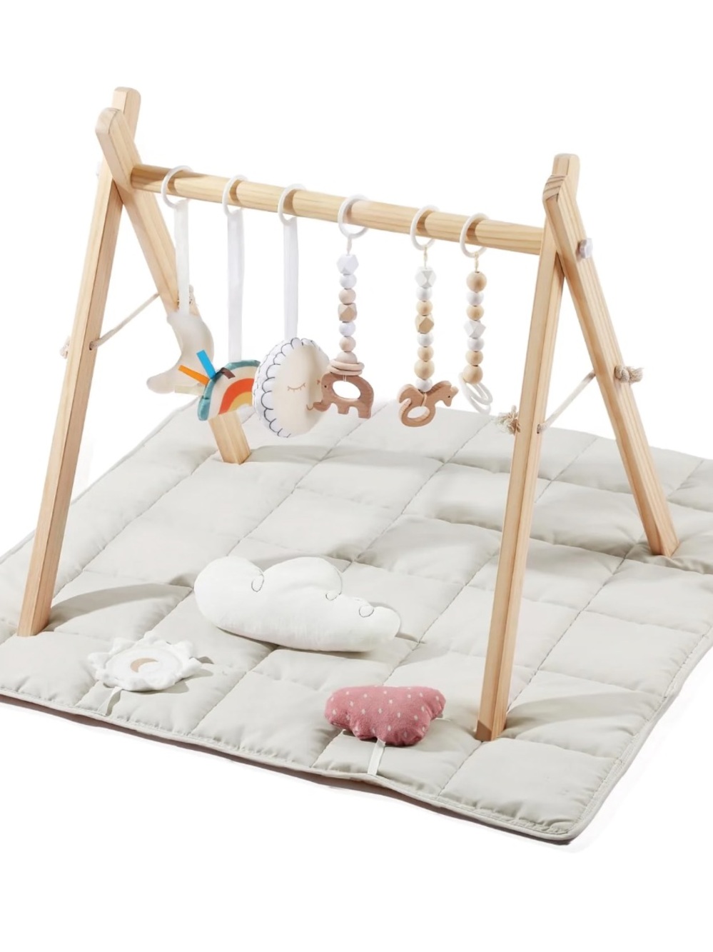 AMAZON WOODEN BABY PLAY GYM WITH MAT AND SENSORY TOYS